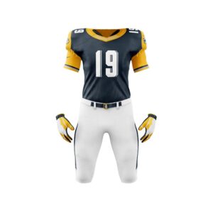 Custom youth football uniform with personalized jersey and pants for young athletes.