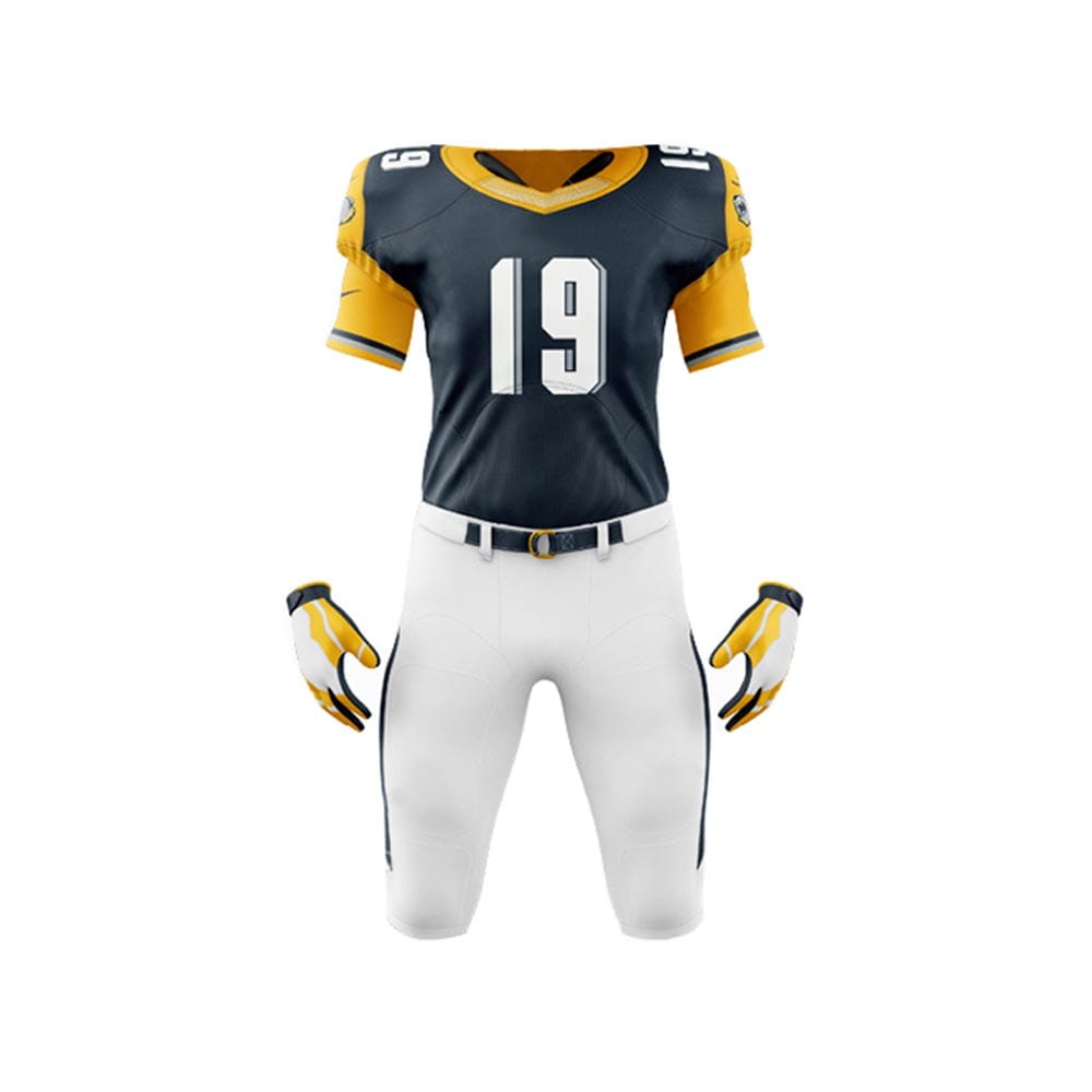 Custom youth football uniform with personalized jersey and pants for young athletes.