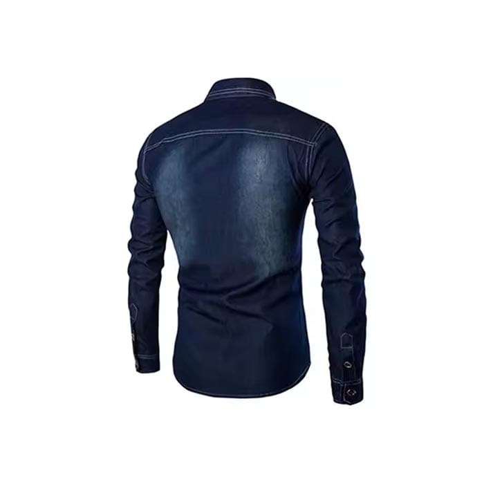 Dark wash denim shirt with button-down closure and chest pockets