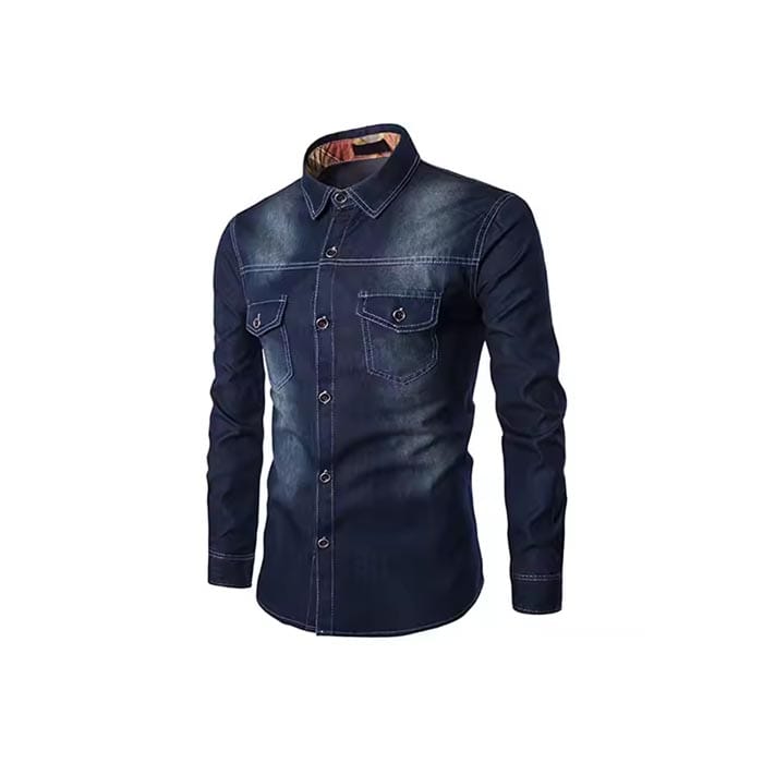 Dark wash denim shirt with button-down closure and chest pockets