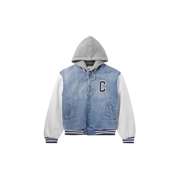 Custom Denim Hooded Varsity Jacket with White Sleeves – Streetwear Letterman Bomber