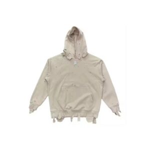 Destroyed distressed hoodie with heavy rips, raw frayed details, and bold grunge streetwear style.