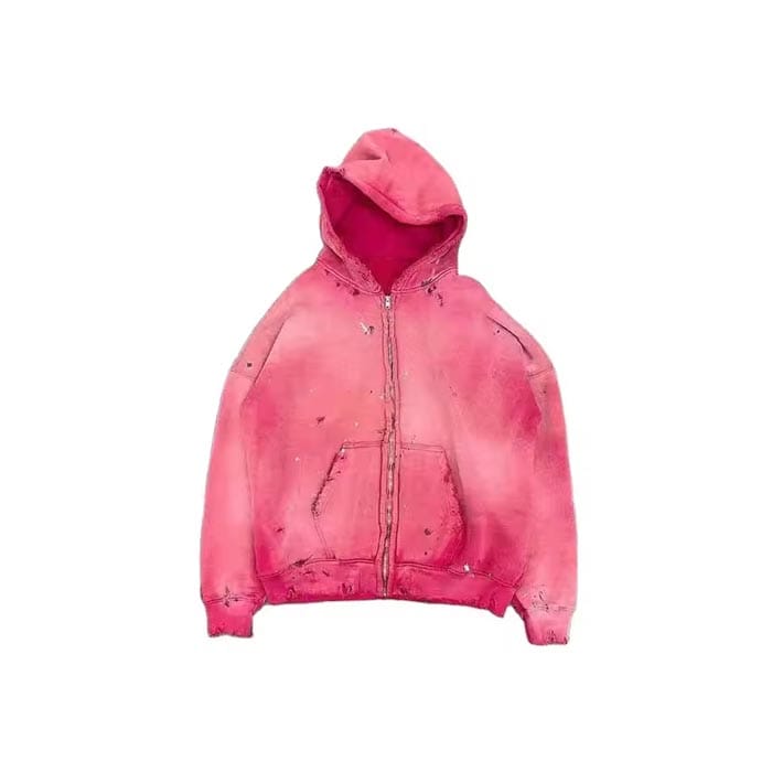 Custom distressed sunfaded hoodie with vintage wash and raw-edge finish