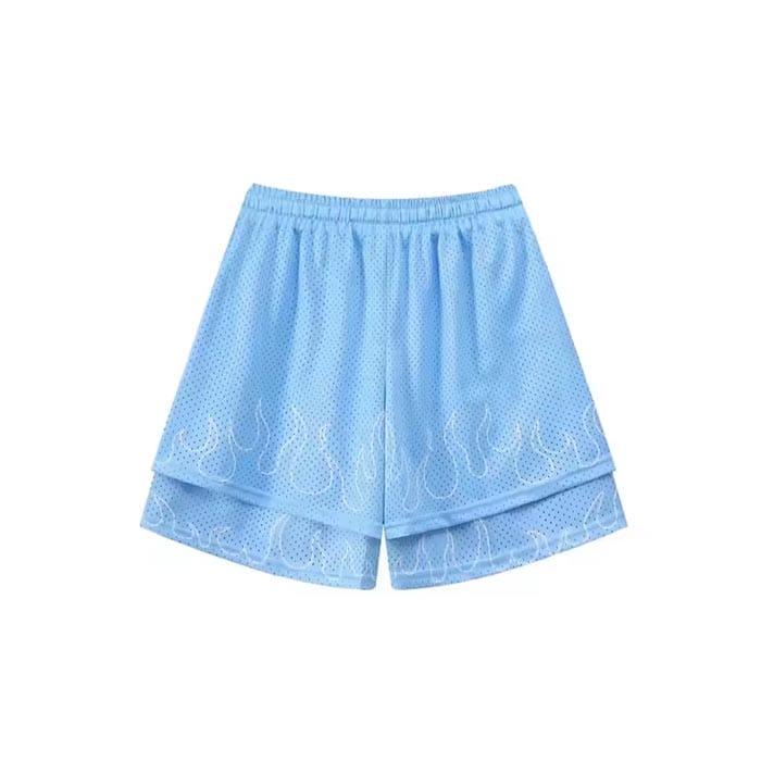 Double-layer flame print mesh shorts with breathable fabric, moisture-wicking technology, and a stylish streetwear design.