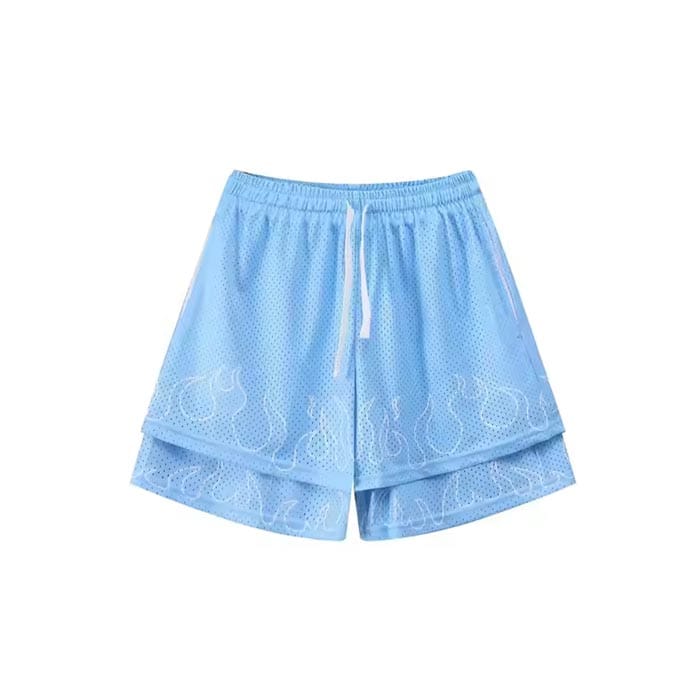 Double-layer flame print mesh shorts with breathable fabric, moisture-wicking technology, and a stylish streetwear design.
