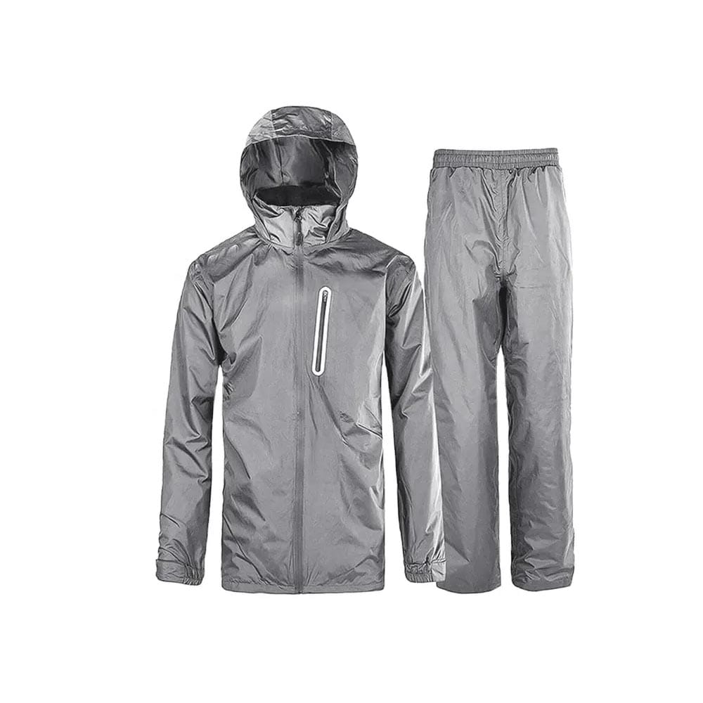 Full-length waterproof raincoat with matching pants, designed for complete protection against rain and easy packing.