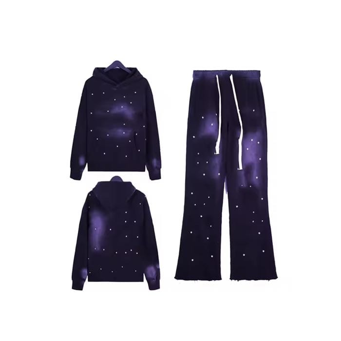 Full-zip rhinestone-printed jacket and joggers with crystal details