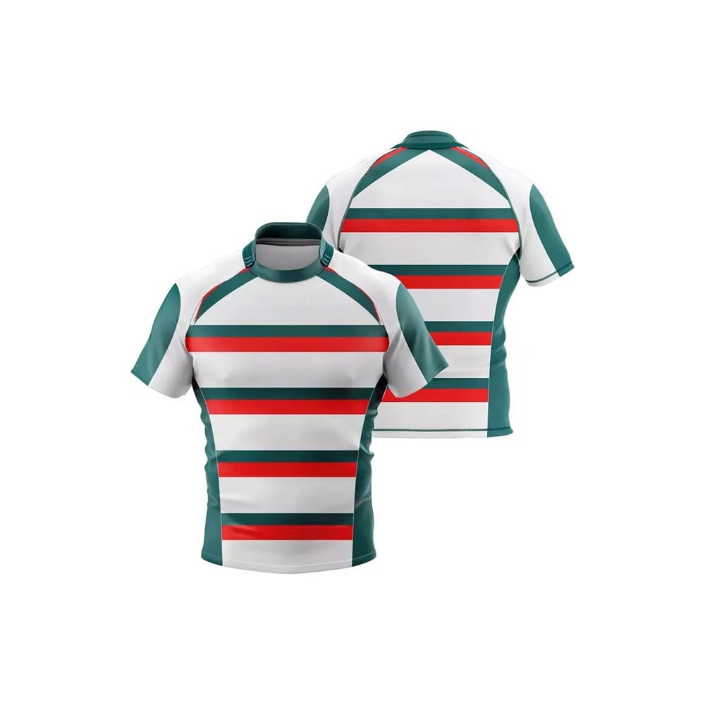 Custom sublimated men's rugby jersey with vibrant team logo and moisture-wicking fabric