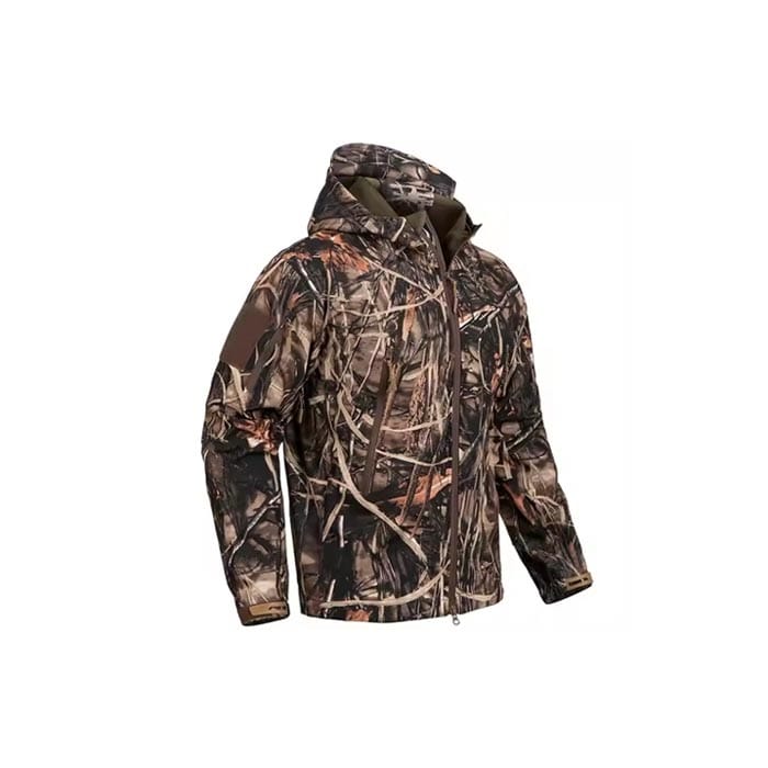 hunting camouflage softshell jacket with waterproof and windproof fabric, adjustable hood, and multiple pockets for outdoor use.