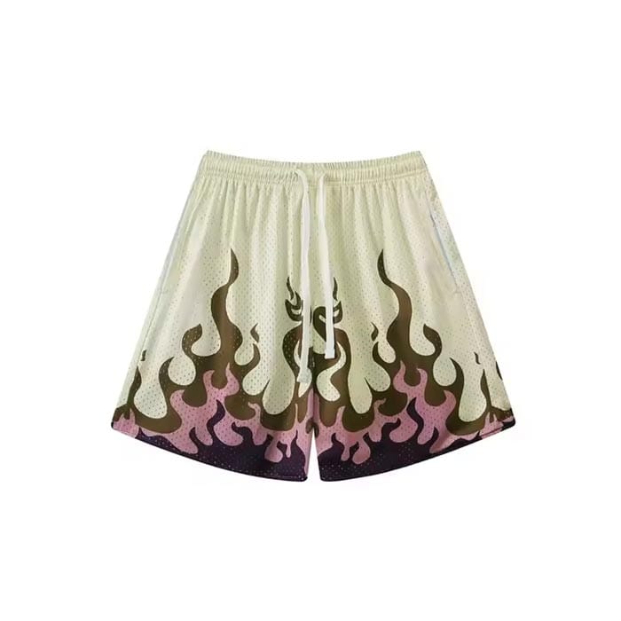 Gradient flame print mesh shorts with breathable fabric, moisture-wicking technology, and a stylish urban streetwear design.