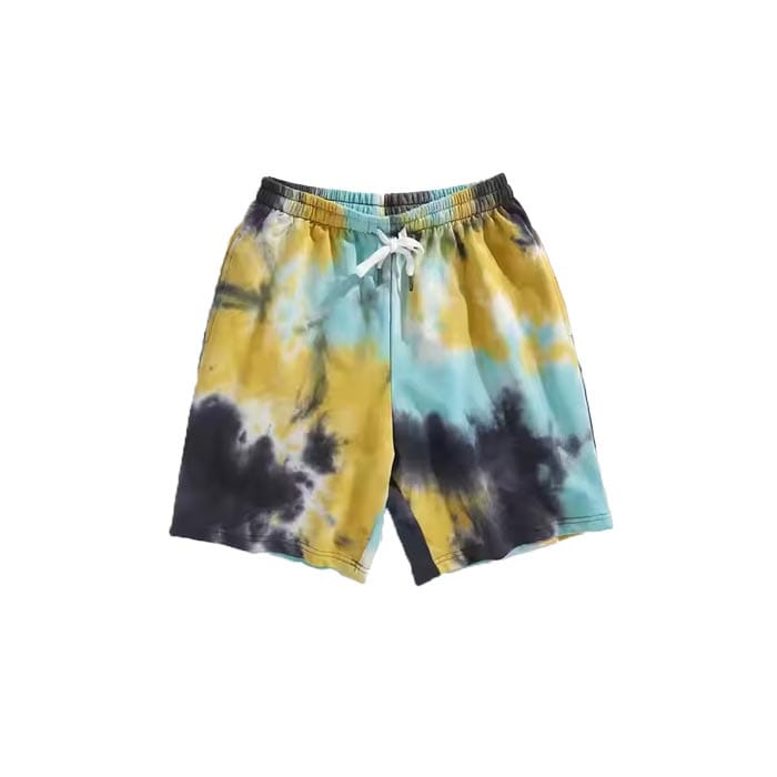 Custom multicolor tie dye shorts with bold rainbow patterns