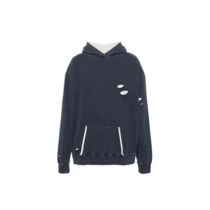 Ripped distressed hoodie with raw edges, unique cut details, and bold streetwear appeal.