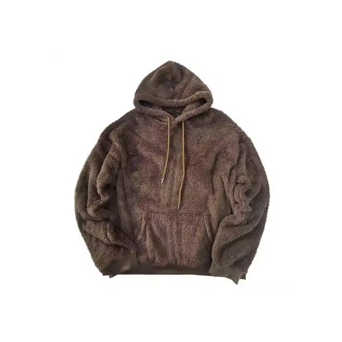 Sherpa fleece hoodie with deep pockets for warmth and convenience.