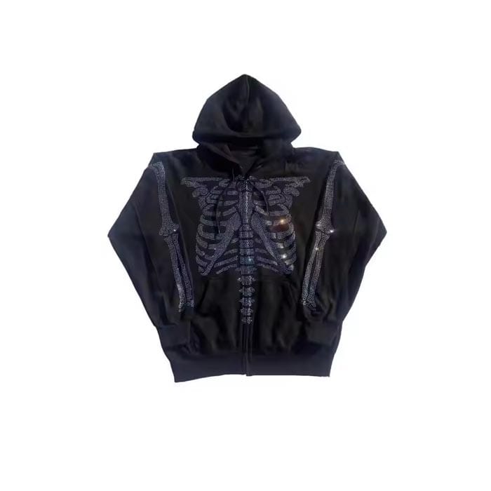 Skeleton rhinestone hoodie with gothic rhinestone design.