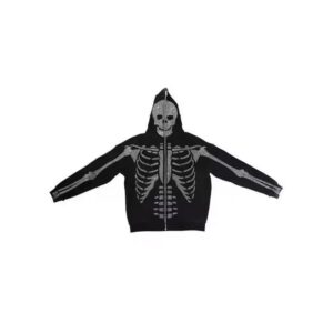 Skull rhinestone hoodie with punk rock aesthetic and detailed rhinestone skull designs.