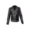 Black leather biker jacket with metallic studs on shoulders, lapels, and belt