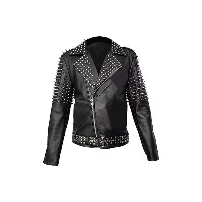 Black leather biker jacket with metallic studs on shoulders, lapels, and belt