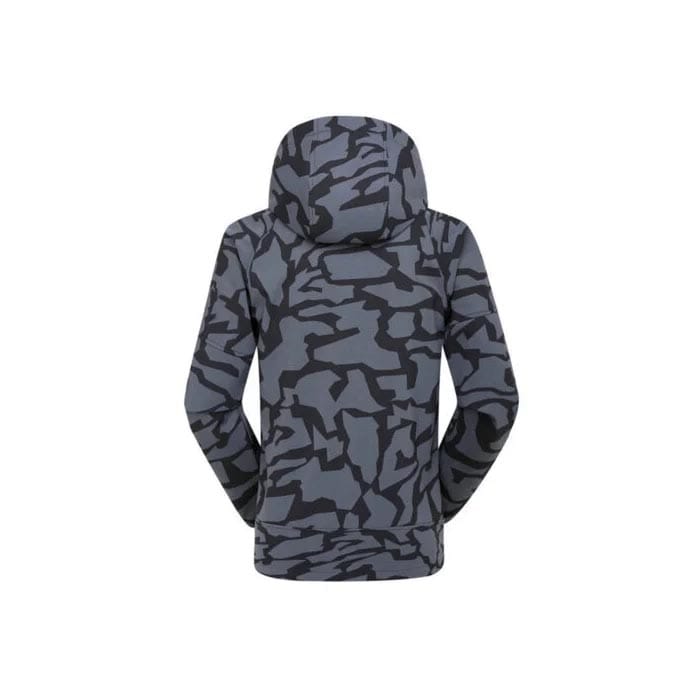 Tactical camouflage softshell jacket with waterproof and windproof fabric, orange zippered accents, and adjustable hood for outdoor activities.