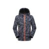 Tactical camouflage softshell jacket with waterproof and windproof fabric, orange zippered accents, and adjustable hood for outdoor activities.