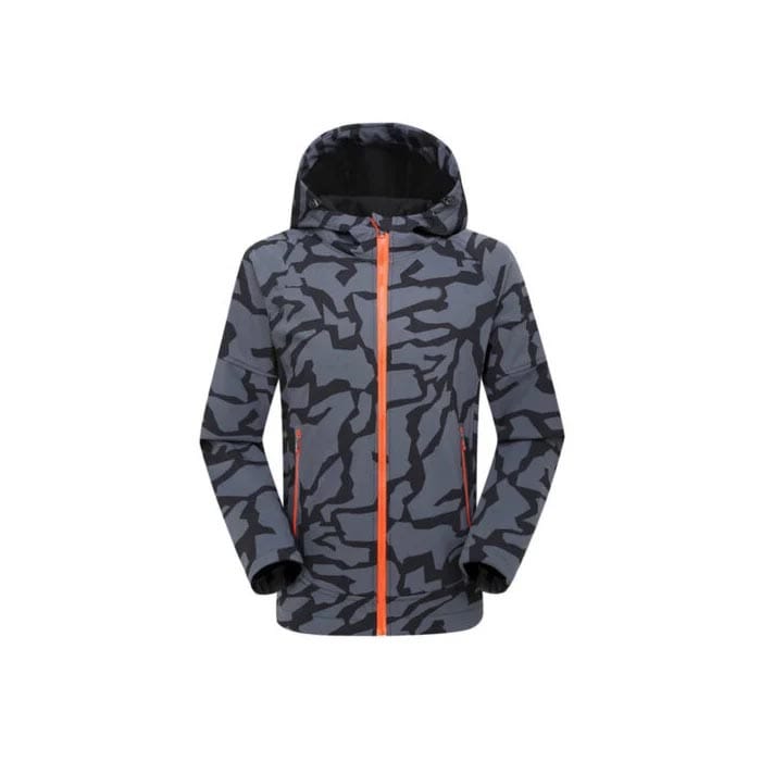 Tactical camouflage softshell jacket with waterproof and windproof fabric, orange zippered accents, and adjustable hood for outdoor activities.
