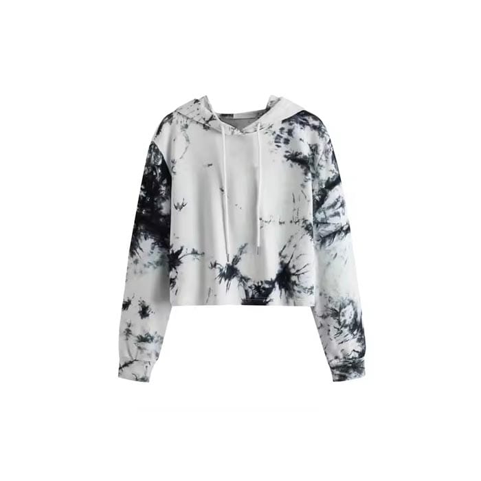 Women's tie-dye hoodie with raw hem and cropped fit