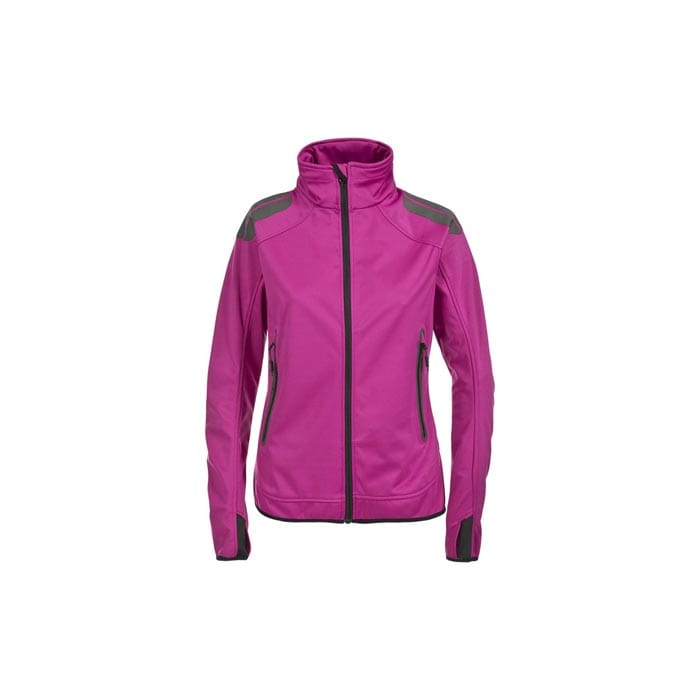 Women's custom softshell jacket in pink with high collar, zippered pockets, and water-resistant fabric.