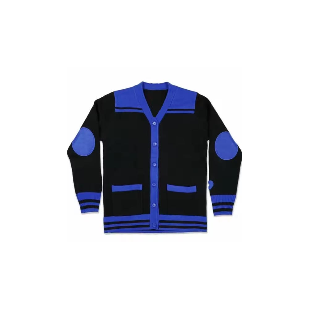 Black and blue contrast patch knit cardigan with stylish elbow patches and striped hem