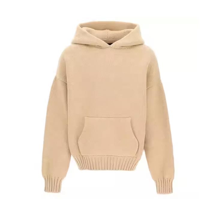 Custom acrylic knit hoodie for a soft and comfortable fit.