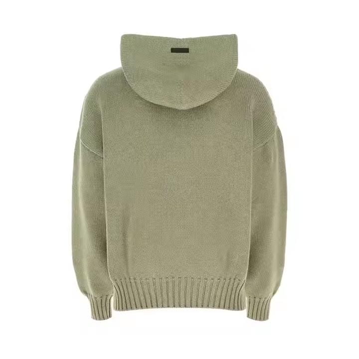 Custom jacquard knit hoodie with intricate patterns.