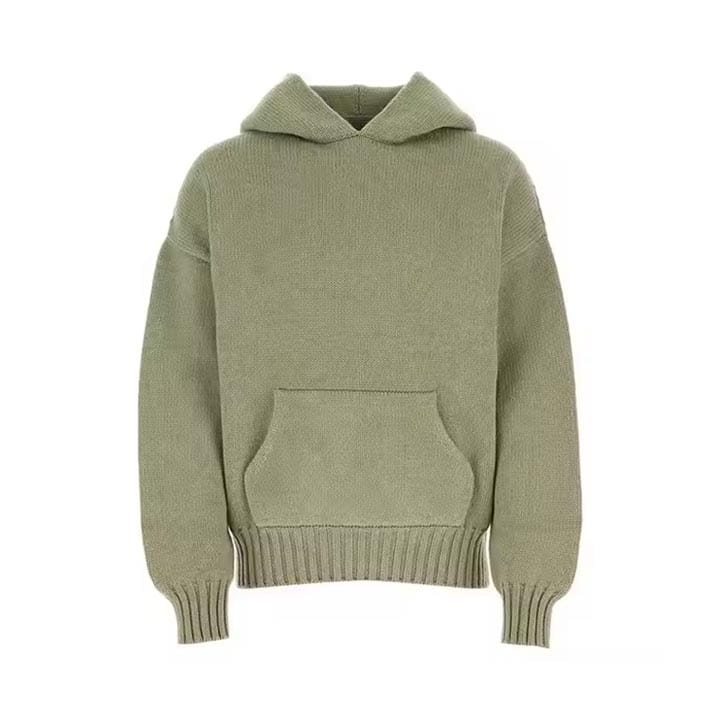 Custom jacquard knit hoodie with intricate patterns.