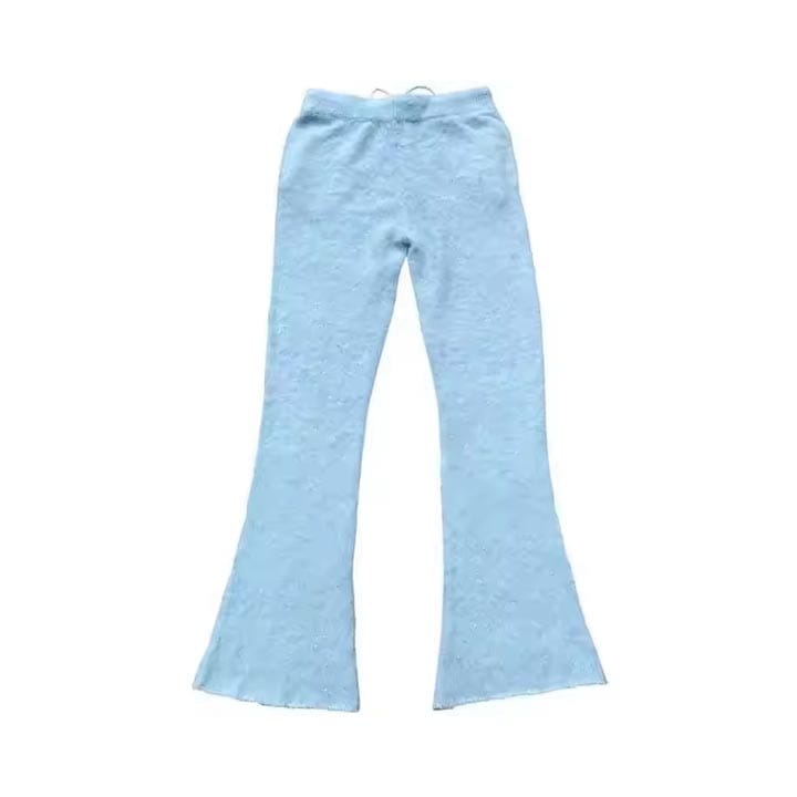 Custom knitted trousers offering a soft, flexible fit and trendy design.