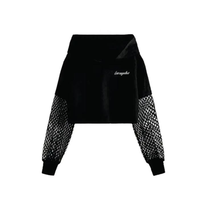 Custom mesh sleeve knit hoodie with a cropped design and breathable mesh sleeves.
