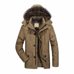 Custom winter parka jacket with faux fur hood and quilted body
