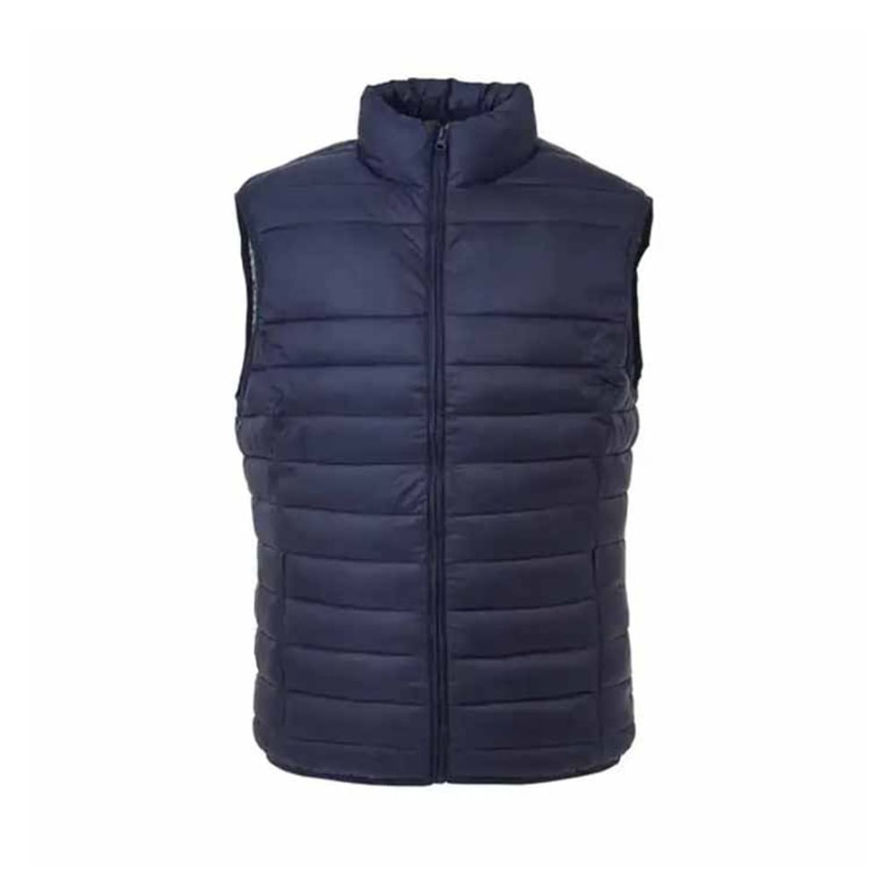 Custom stand collar vest with minimalist design, full‑zip front, and embroidered logo