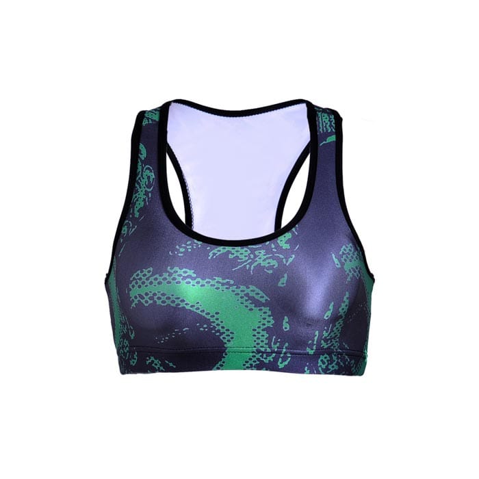 Custom sublimated racerback sports bra with green and black abstract design