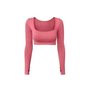Custom pink crop top with long thumbhole sleeves – women’s activewear top