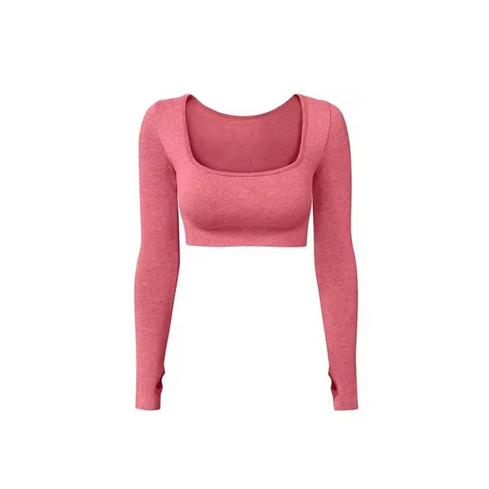Custom pink crop top with long thumbhole sleeves – women’s activewear top
