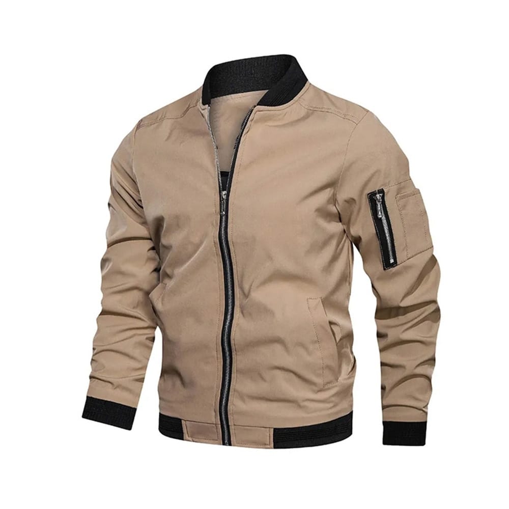 Varsity-style bomber jacket with contrast sleeves and custom patch options