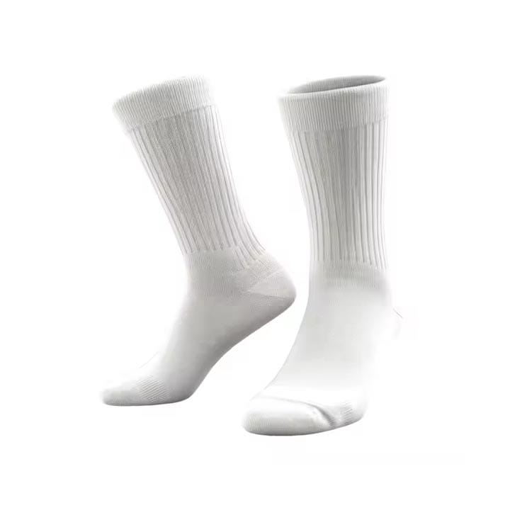 Custom white crew socks made from breathable cotton with ribbed design