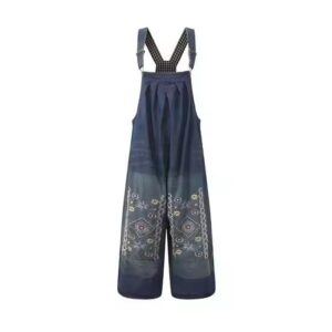 embroidered wide-leg denim overalls with floral and geometric patterns