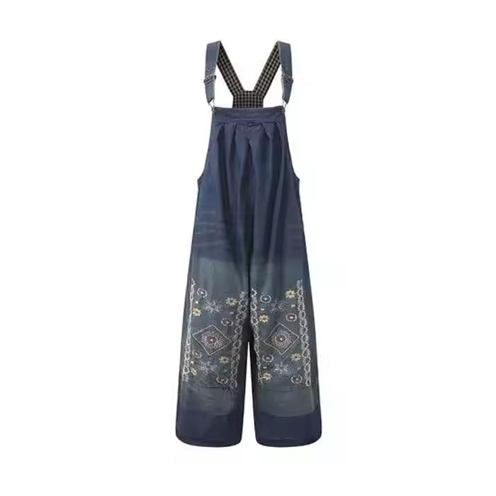 embroidered wide-leg denim overalls with floral and geometric patterns