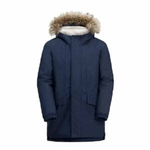 Custom fur-trimmed parka jacket with plush collar and button front