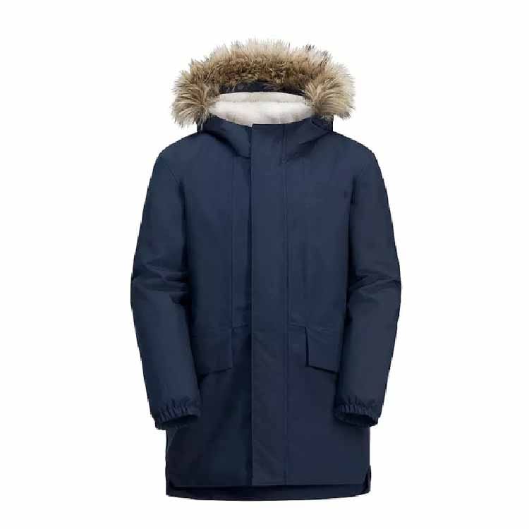 Custom fur-trimmed parka jacket with plush collar and button front