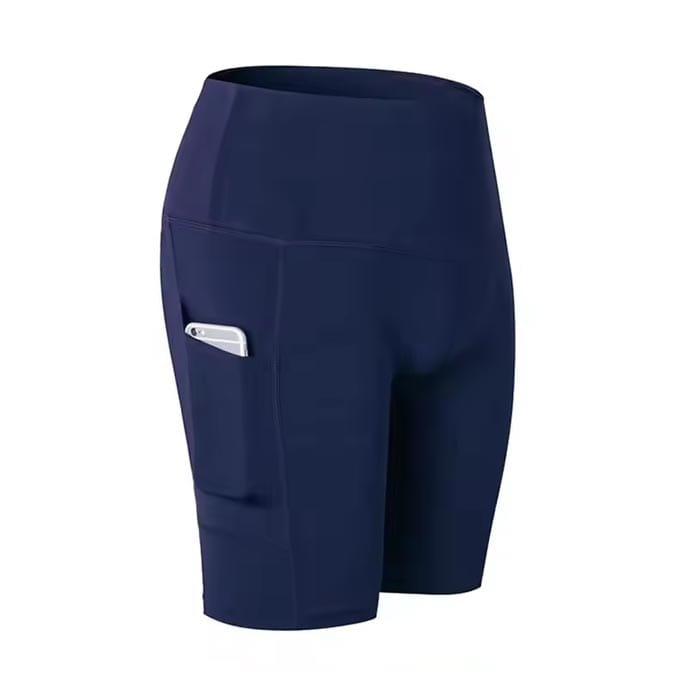 Women’s high-waisted custom blue gym shorts with side pockets – Stitch Expo