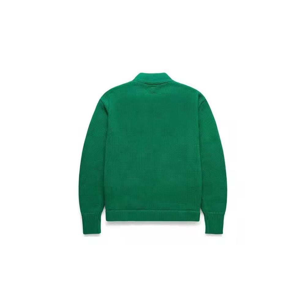 Green letterman knit cardigan with varsity patch – custom team sweater