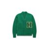 Green letterman knit cardigan with varsity patch – custom team sweater