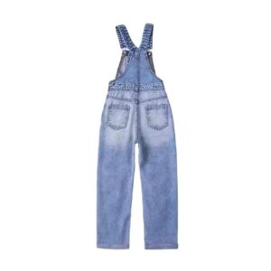 Light blue vintage wash denim overalls with adjustable straps and front pocket