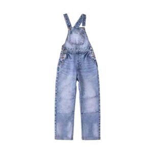 Light blue vintage wash denim overalls with adjustable straps and front pocket