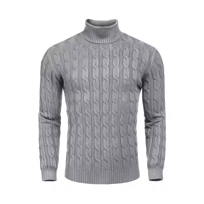 Men’s gray cable knit turtleneck sweater with a stylish design and warm fabric for winter wear