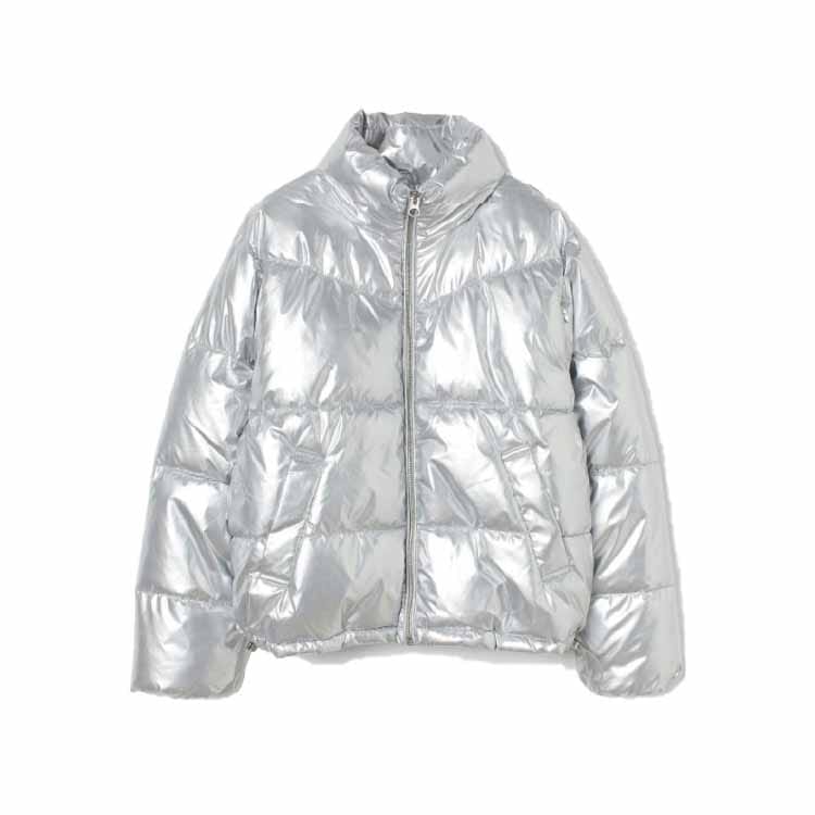 Metallic silver custom puffer jacket with full zipper and glossy finish